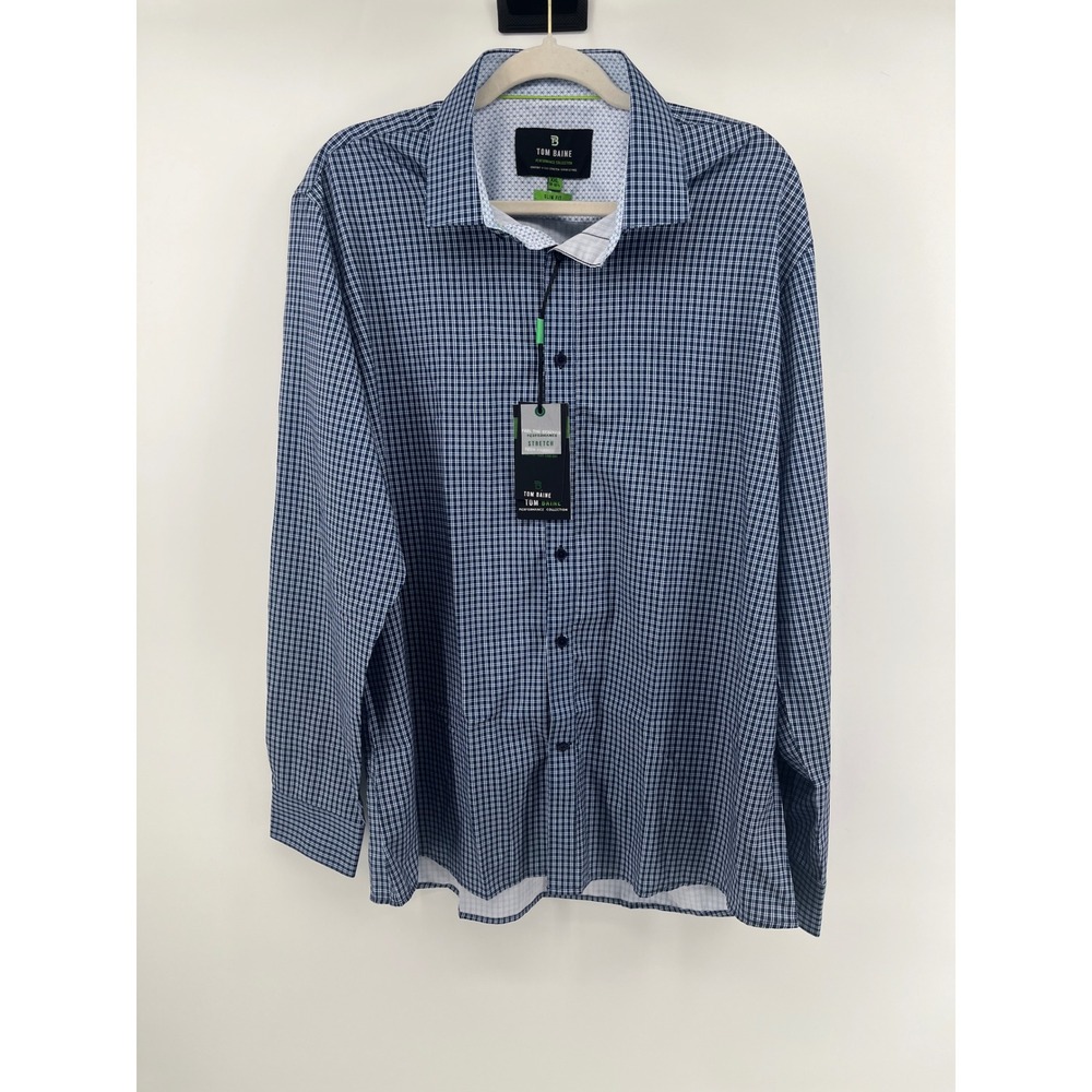 Tom Baine Mens XXL Slim Fit Performance Stretch Navy Check Dress Shirt